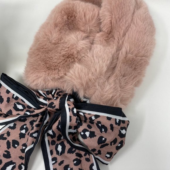Women Scarf Bow Tie Warm Plush Fur Gold Leopard - Picture 3 of 5
